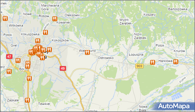 mapa Ostrowsko gmina Nowy Targ, Ostrowsko gmina Nowy Targ na mapie Targeo