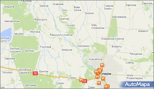 mapa Ostrowsko gmina Uniejów, Ostrowsko gmina Uniejów na mapie Targeo