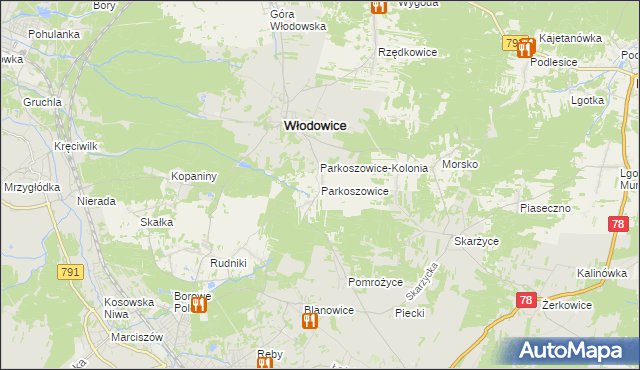 mapa Parkoszowice gmina Włodowice, Parkoszowice gmina Włodowice na mapie Targeo