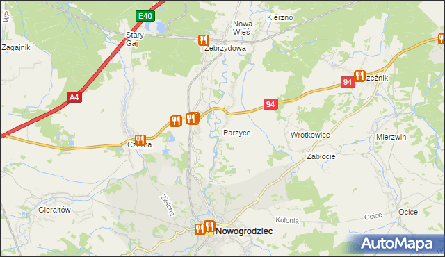 mapa Parzyce gmina Nowogrodziec, Parzyce gmina Nowogrodziec na mapie Targeo