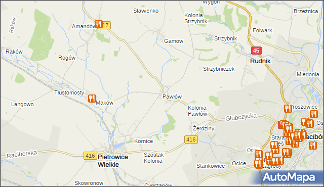 mapa Pawłów gmina Pietrowice Wielkie, Pawłów gmina Pietrowice Wielkie na mapie Targeo