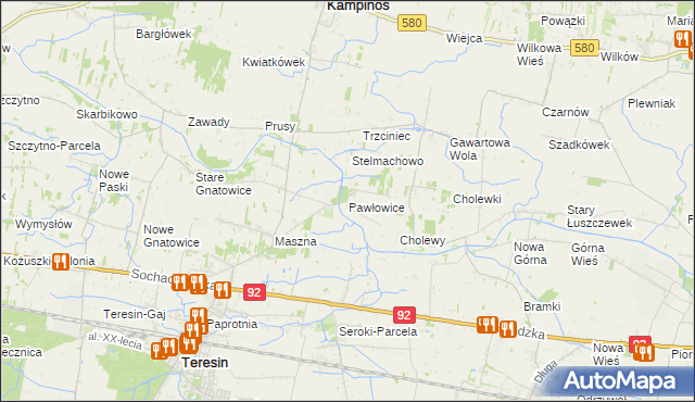 mapa Pawłowice gmina Teresin, Pawłowice gmina Teresin na mapie Targeo