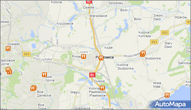 mapa Pawłowice powiat pszczyński, Pawłowice powiat pszczyński na mapie Targeo