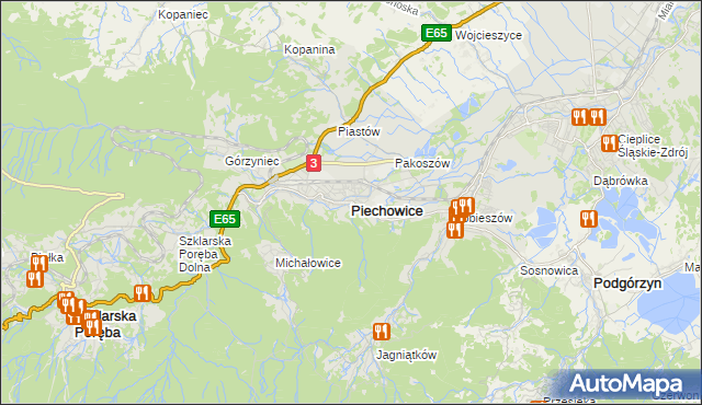 mapa Piechowice powiat jeleniogórski, Piechowice powiat jeleniogórski na mapie Targeo