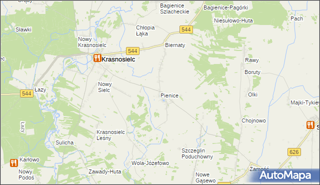 mapa Pienice gmina Krasnosielc, Pienice gmina Krasnosielc na mapie Targeo