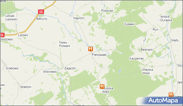 mapa Pietrzwałd gmina Ostróda, Pietrzwałd gmina Ostróda na mapie Targeo