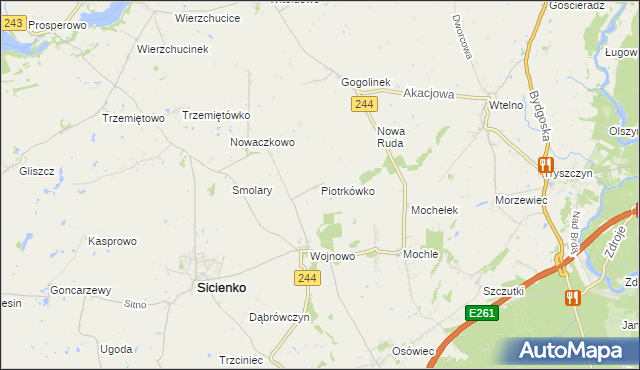 mapa Piotrkówko gmina Sicienko, Piotrkówko gmina Sicienko na mapie Targeo