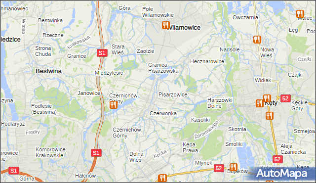 mapa Pisarzowice gmina Wilamowice, Pisarzowice gmina Wilamowice na mapie Targeo