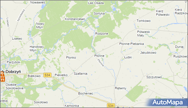 mapa Płonne gmina Radomin, Płonne gmina Radomin na mapie Targeo