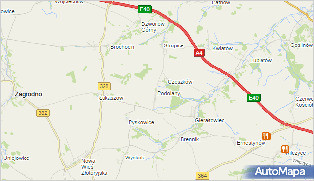 mapa Podolany gmina Złotoryja, Podolany gmina Złotoryja na mapie Targeo