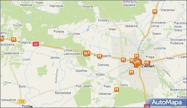 mapa Podzagajnik gmina Zwoleń, Podzagajnik gmina Zwoleń na mapie Targeo