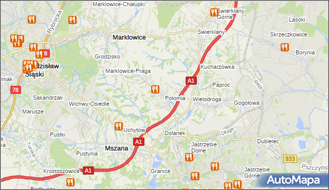 mapa Połomia gmina Mszana, Połomia gmina Mszana na mapie Targeo