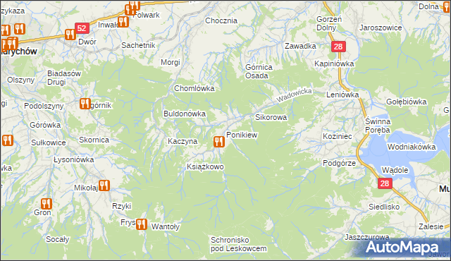 mapa Ponikiew gmina Wadowice, Ponikiew gmina Wadowice na mapie Targeo