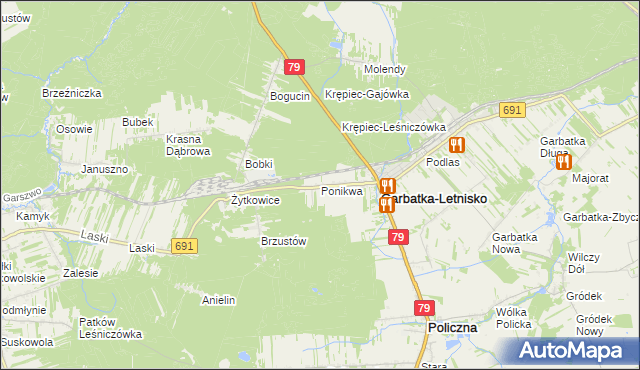 mapa Ponikwa gmina Garbatka-Letnisko, Ponikwa gmina Garbatka-Letnisko na mapie Targeo
