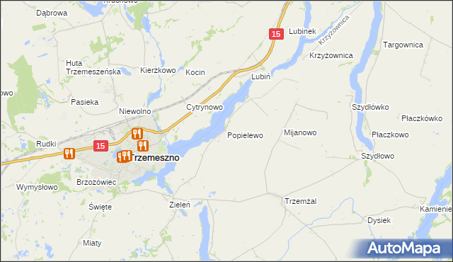 mapa Popielewo gmina Trzemeszno, Popielewo gmina Trzemeszno na mapie Targeo
