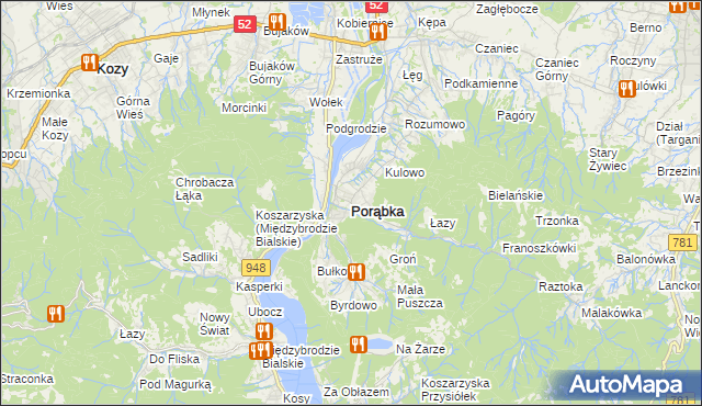 mapa Porąbka powiat bielski, Porąbka powiat bielski na mapie Targeo