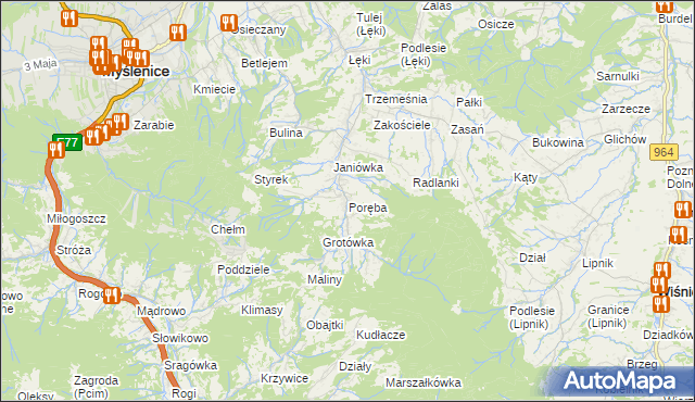mapa Poręba gmina Myślenice, Poręba gmina Myślenice na mapie Targeo