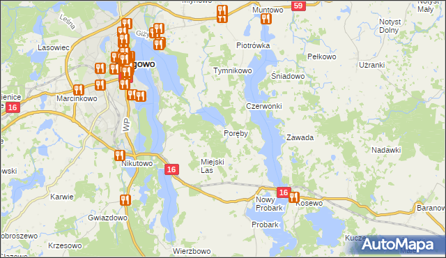 mapa Poręby gmina Mrągowo, Poręby gmina Mrągowo na mapie Targeo