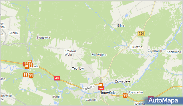 mapa Poświętne gmina Inowłódz, Poświętne gmina Inowłódz na mapie Targeo