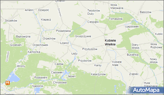 mapa Przybyszów gmina Kobiele Wielkie, Przybyszów gmina Kobiele Wielkie na mapie Targeo