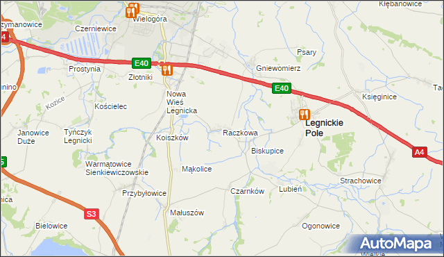 mapa Raczkowa gmina Legnickie Pole, Raczkowa gmina Legnickie Pole na mapie Targeo