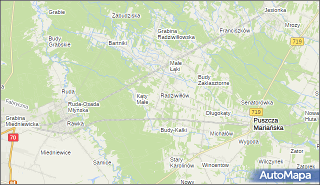 mapa Radziwiłłów gmina Puszcza Mariańska, Radziwiłłów gmina Puszcza Mariańska na mapie Targeo