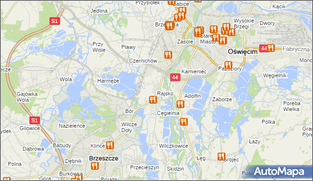 mapa Rajsko gmina Oświęcim, Rajsko gmina Oświęcim na mapie Targeo