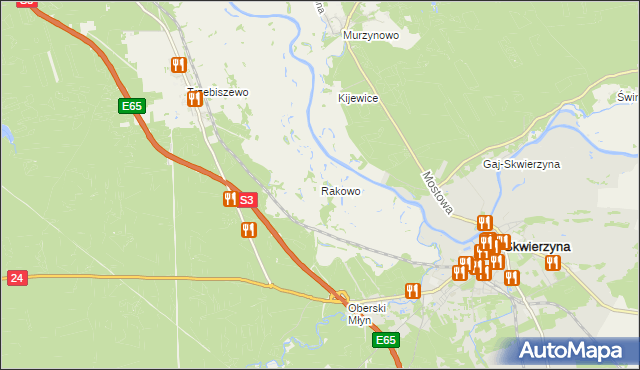 mapa Rakowo gmina Skwierzyna, Rakowo gmina Skwierzyna na mapie Targeo