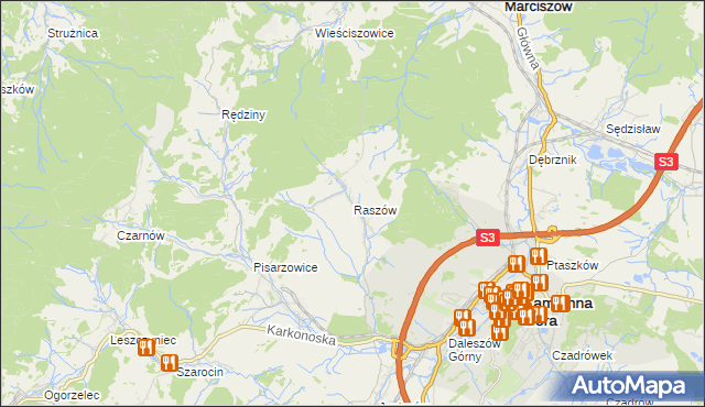 mapa Raszów gmina Kamienna Góra, Raszów gmina Kamienna Góra na mapie Targeo