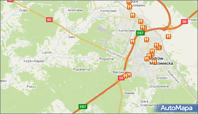 mapa Rogóźnia gmina Ostrów Mazowiecka, Rogóźnia gmina Ostrów Mazowiecka na mapie Targeo