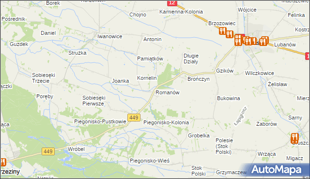 mapa Romanów gmina Błaszki, Romanów gmina Błaszki na mapie Targeo