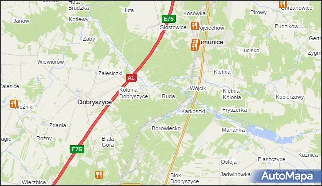 mapa Ruda gmina Dobryszyce, Ruda gmina Dobryszyce na mapie Targeo