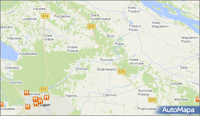 mapa Rumunki gmina Gąbin, Rumunki gmina Gąbin na mapie Targeo