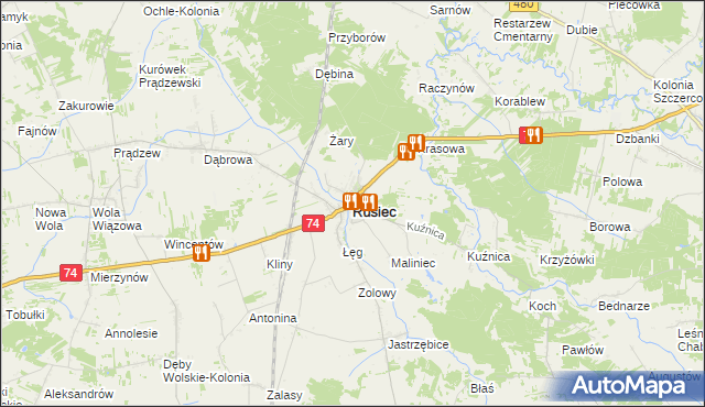 mapa Rusiec powiat bełchatowski, Rusiec powiat bełchatowski na mapie Targeo