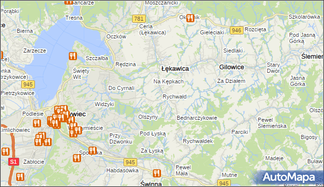 mapa Rychwałd gmina Gilowice, Rychwałd gmina Gilowice na mapie Targeo