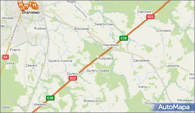 mapa Rydzówka gmina Braniewo, Rydzówka gmina Braniewo na mapie Targeo