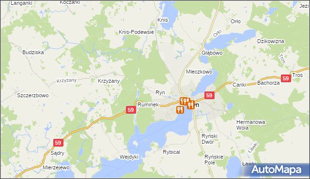 mapa Ryn powiat giżycki, Ryn powiat giżycki na mapie Targeo