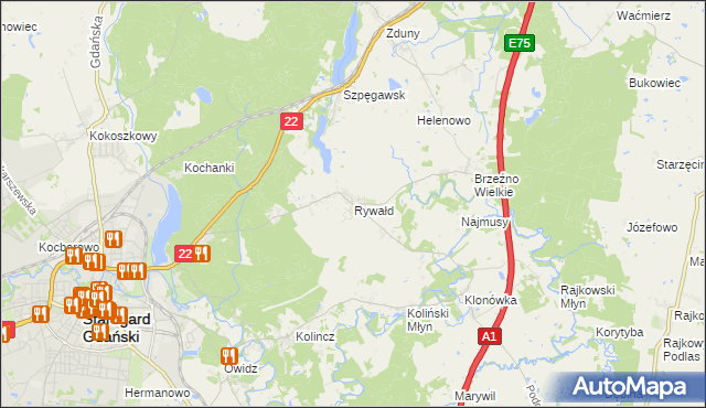mapa Rywałd gmina Starogard Gdański, Rywałd gmina Starogard Gdański na mapie Targeo