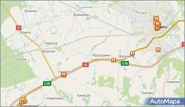 mapa Rzyszczewo gmina Sławno, Rzyszczewo gmina Sławno na mapie Targeo