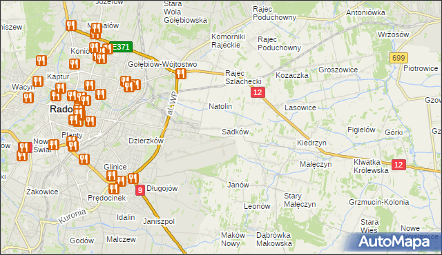 mapa Sadków gmina Jedlnia-Letnisko, Sadków gmina Jedlnia-Letnisko na mapie Targeo