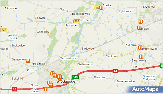 mapa Sadowice gmina Kąty Wrocławskie, Sadowice gmina Kąty Wrocławskie na mapie Targeo