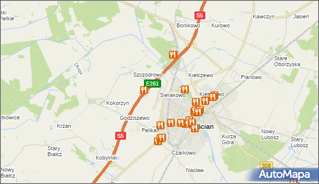 mapa Sierakowo gmina Kościan, Sierakowo gmina Kościan na mapie Targeo