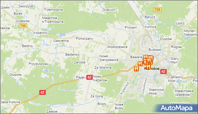 mapa Sierosławice gmina Końskie, Sierosławice gmina Końskie na mapie Targeo