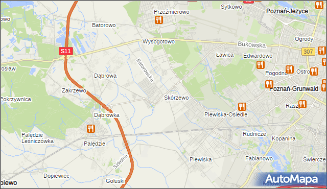 mapa Skórzewo gmina Dopiewo, Skórzewo gmina Dopiewo na mapie Targeo