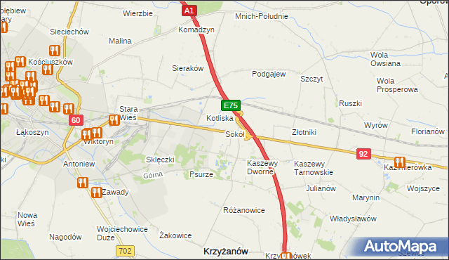 mapa Sokół gmina Krzyżanów, Sokół gmina Krzyżanów na mapie Targeo