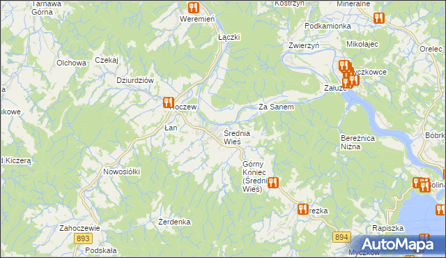 mapa Średnia Wieś gmina Lesko, Średnia Wieś gmina Lesko na mapie Targeo