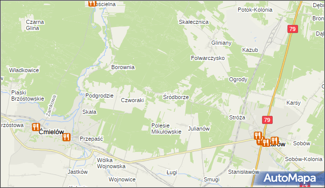 mapa Śródborze gmina Ożarów, Śródborze gmina Ożarów na mapie Targeo