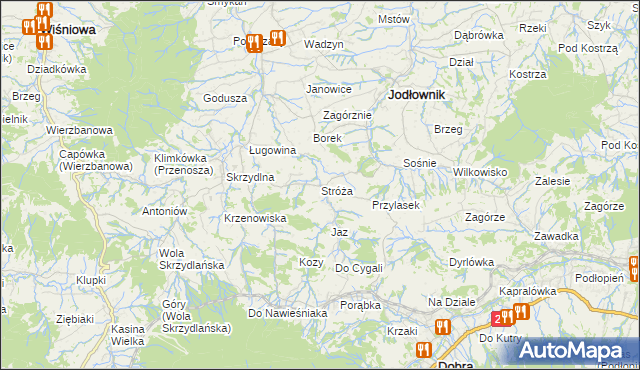 mapa Stróża gmina Dobra, Stróża gmina Dobra na mapie Targeo