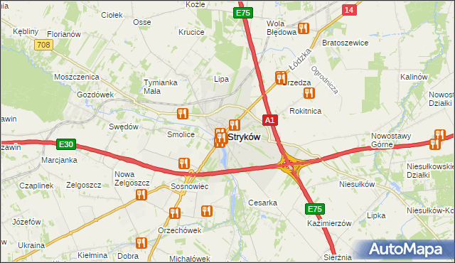 mapa Stryków powiat zgierski, Stryków powiat zgierski na mapie Targeo