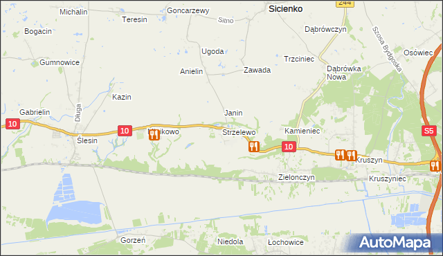 mapa Strzelewo gmina Sicienko, Strzelewo gmina Sicienko na mapie Targeo